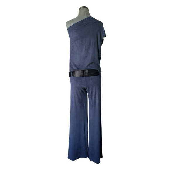 Women’s One Sleeve Velvet Jumpsuit Dark Blue Black Satin Rope Romper Size S - Picture 4 of 4